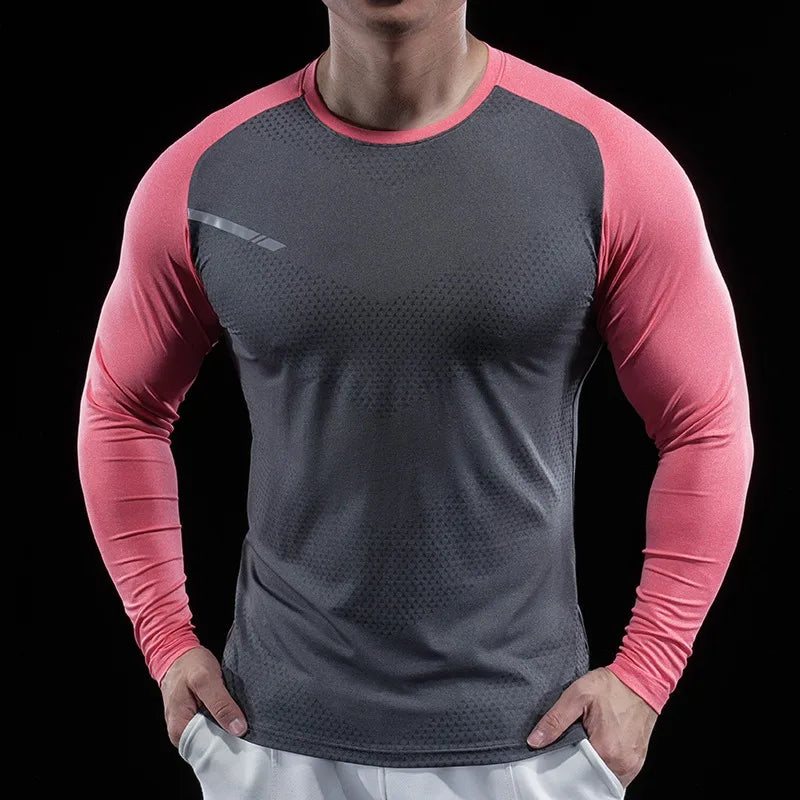 Autumn Winter Men Gym Fitness Display Long Sleeve T-Shirt Crew Neck Elastic Moisture Wicking Tights Running Training Bottom Top
