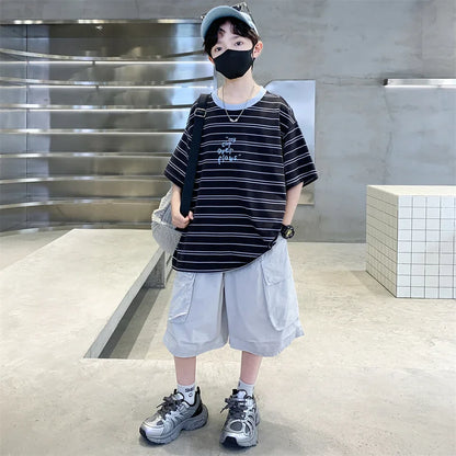 2026 Kids Top and Bottom Clothes Summer Set For Tweens Boys Casual Striped Tracksuit Outfit Children Cargo Clothing 2PCS Suit