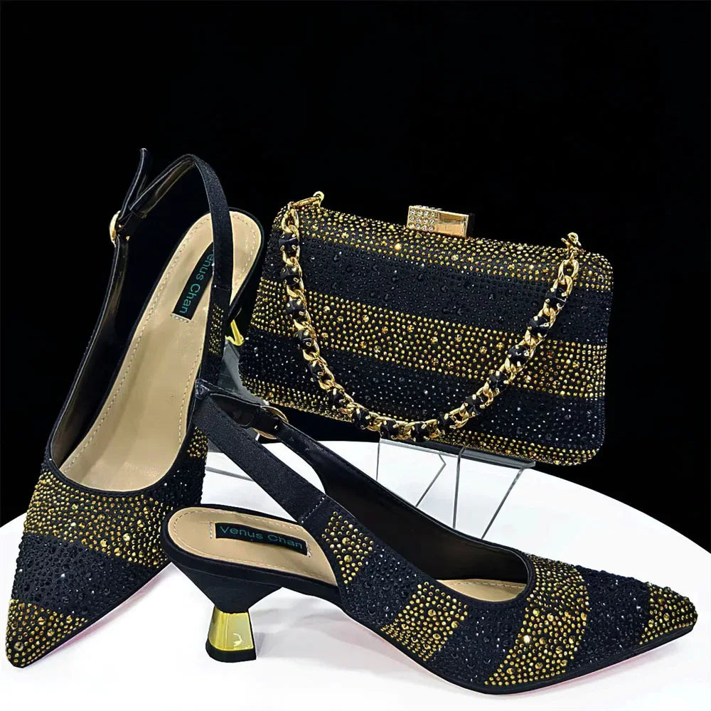 High Heels Shoes for Women Embroidery Rhinestone Italian Design Gold Color Pointed Toe Shoes and Bags Set Fashio