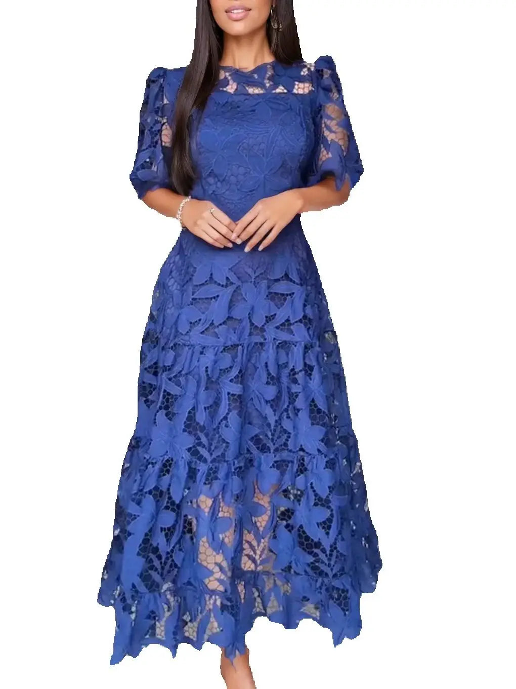 Sexy Lace Hollow High Low Long Formal Plus Size Dress With Short Sleeves Royal Blue