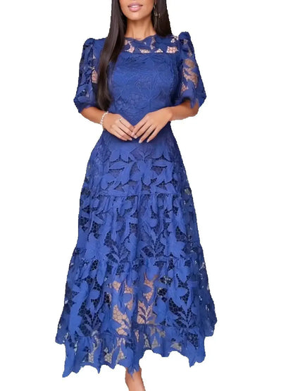 Sexy Lace Hollow High Low Long Formal Plus Size Dress With Short Sleeves Royal Blue