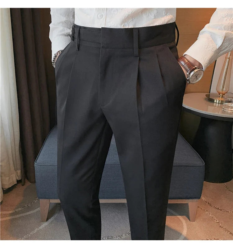 Autumn Winter High Quality Solid Casual Pants Men Belt Design Slim Fit Trousers Formal Office Business Social Party Suit Pants