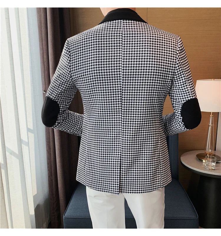 2024 Autumn Winter Korean  Houndstooth Blazer Jackets Fashion Color Matching Lapel Design Casual Men's Plaid Suit Coat Tuxedo