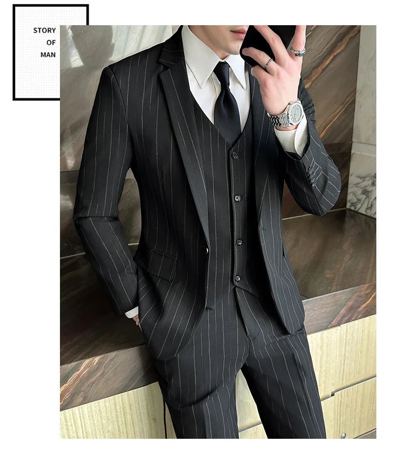 2025 High-Quality Wedding Suit Three-Piece Set Striped Business Casual Fashion Vest Trousers Ensemble Handsome Boutique Trend