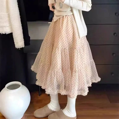 Sweet Elegant Skirts Women Korean Style Polka Dot Mesh Ruffle Skirt Fairycore Fashion Retro Streetwear Layered Skirts