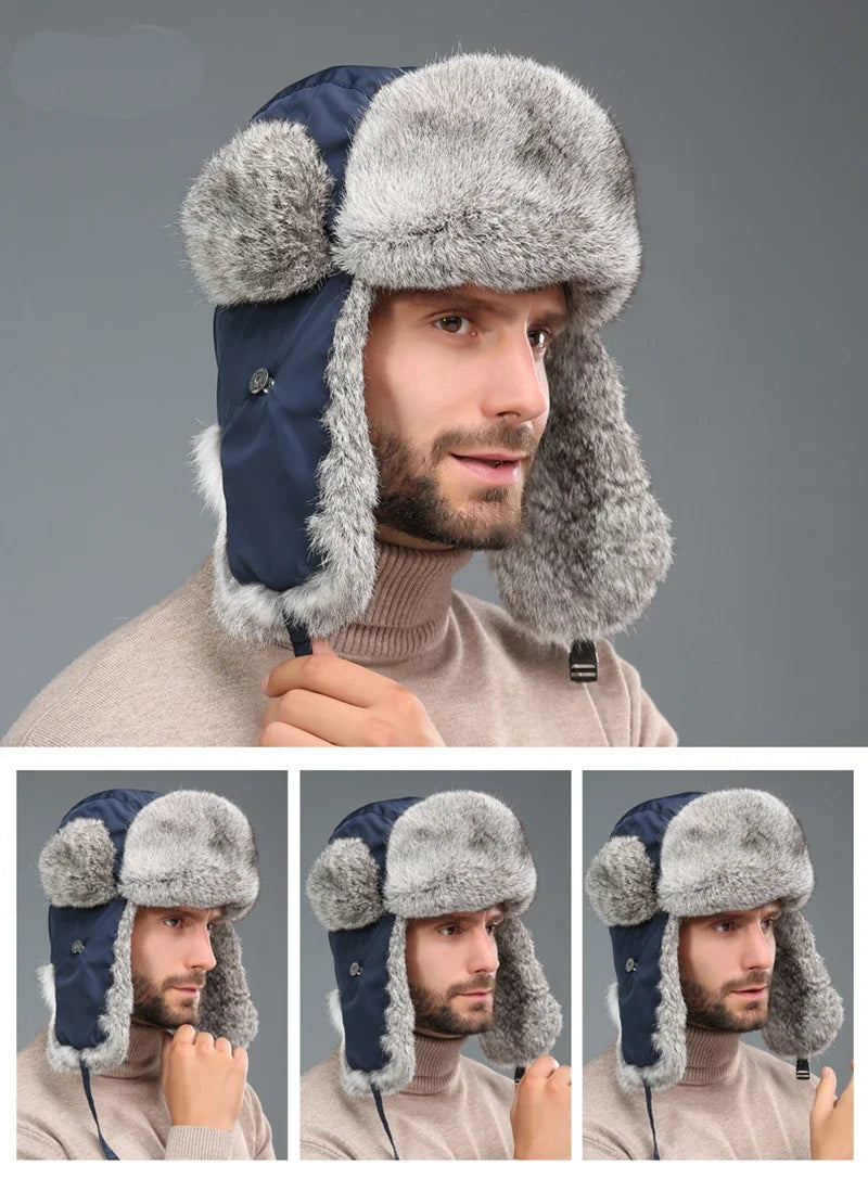 Russia Winter Real fur Hat Unisex Outdoor Windproof Super Warm Real Rabbit Fur Bomber Hats Natural Soft Natural Rabbit Fur Caps