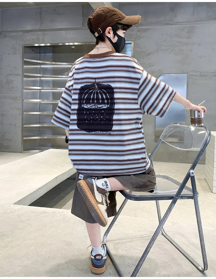 2026 Children Summer Clothes Set for Teen Boy Cotton Striped T-Shirt Shorts Two Pieces Outfit Suit Kids Clothing 5 7 9 11 13 14Y
