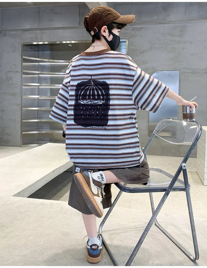 2026 Children Summer Clothes Set for Teen Boy Cotton Striped T-Shirt Shorts Two Pieces Outfit Suit Kids Clothing 5 7 9 11 13 14Y