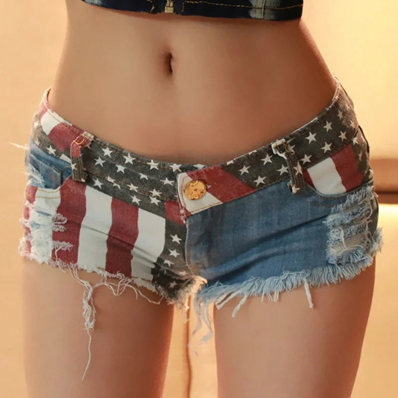 Mid Waist Jeans Shorts 2021 Women New Fashion USA Flag Printed Denim Pole Dance Skinny Hot Hole Short Pants S-XXL