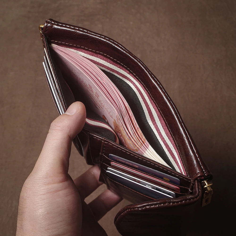 Vintage Genuine Leather Trifold Wallet for Men Women Zipper Coin Purse Driver License ID Credit Card Luxury Cowhide Wallet