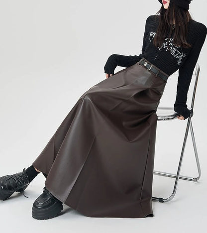 Vintage PU leather women midi skirts Y2K Autumn high waist Streetwear with belt pleated Skirt female elegant Solid A line skirts