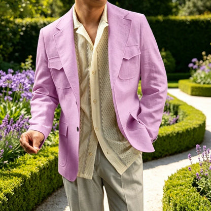 Classic Men's Linen Blazer Notched Lapel Slim Fit Breathable Elastic Suit Jacket with Flap Pockets for Wedding Prom Daily Wear