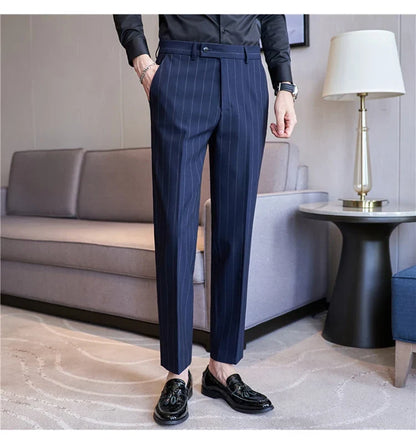 Autumn New Fashion Stripe Men's Suit Pants High Quality Straight Long Classic Business Elegant Slim Fit Casual Trousers 38-29