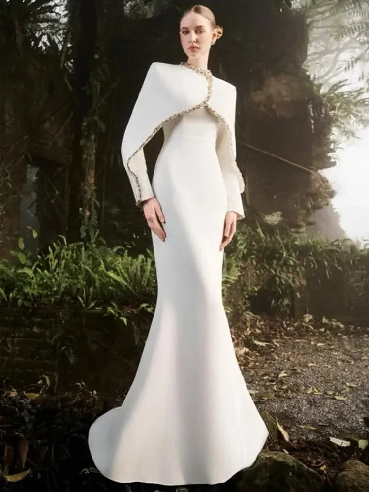 HIGH STREET Newest 2026 Designer Vestido Women's Diamonds Beaded Cape Sleeve Floor Length Maxi Long Dress
