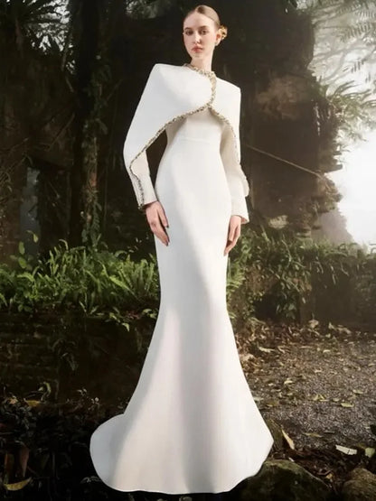 HIGH STREET Newest 2026 Designer Vestido Women's Diamonds Beaded Cape Sleeve Floor Length Maxi Long Dress