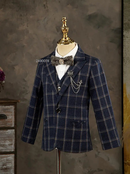 Kids Jacket Vest Pants 3PCS Photograph Dress Children Formal Wedding Suit Boys Birthday  Mariage Performance Celebration Costume