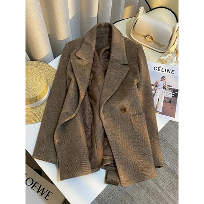 New Women's Wool Suit Jacket 2026 Spring Autumn Retro Temperament Ladies Small Blazer Coat Leisure High-Quality Lady Outerwear