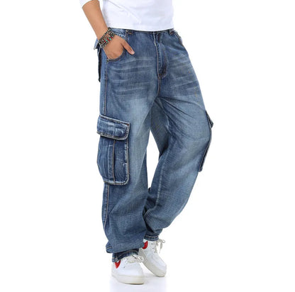 Mens Baggy Jeans Spring and Autumn New Fat Guy Large Size Fashion Multi-pocket Wide Loose Jeans Mens Denim Trousers
