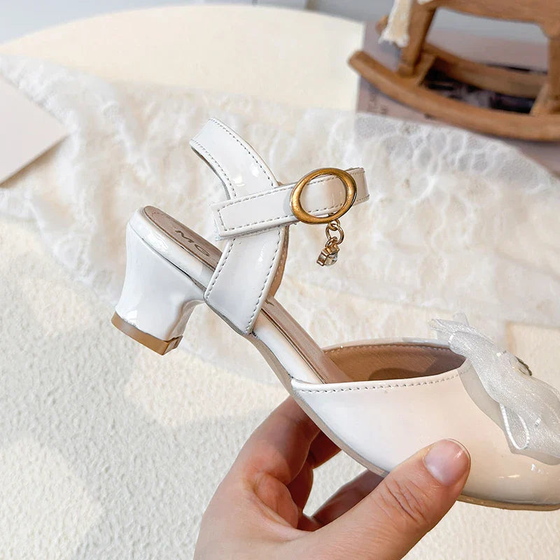Girls Sandals Fashion Bow Girls High Heels Pink Kid Non-slip Princess Performance Shoes 3-18 Years Old Children's Leather Shoes