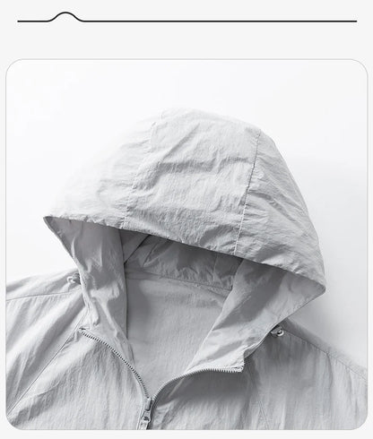UPF50+ Men's Hooded Sunscreen Jacket Summer Ultra Thin Zipper Pocket Windbreaker Elastic Cuffs Outdoor Hiking Fishing Skin Coats