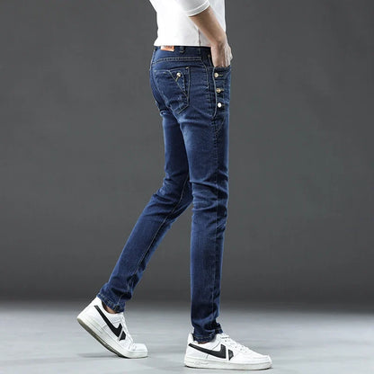 New Men Slim Korean Button Jeans Black Skinny Solid Color Stretch Multi-button Youth Male Denim Pants Streetwear