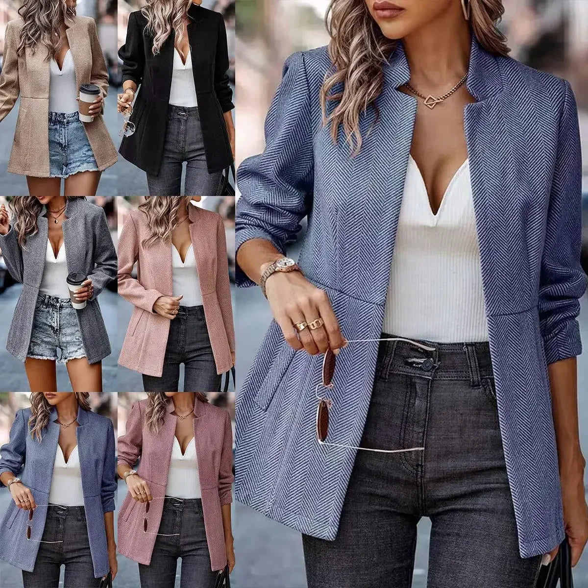 Fashionable Casual Woolen Open Cardigan Jacket Simple Design Princess Sleeve Polo Collar Full Length Single Piece Women's Suit