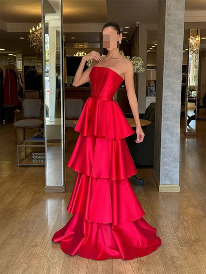 Cathy Customize Red Layered Satin A-line Prom Dress Simple Strapless vestidos de noiva Elegant Floor-length Evening Dresses 2025