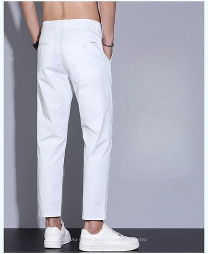 High Quality Summer Men's White Ankle Length Casual Pants 97%Cotton Breathable Straight Business Slim Work Chino Trousers Man