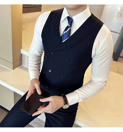 ( Vest + Pants) Men's Double-breasted Suit Vest 2 Pieces Set High Quality Business Casual Fashion Groom Wedding Dress Vest Sets