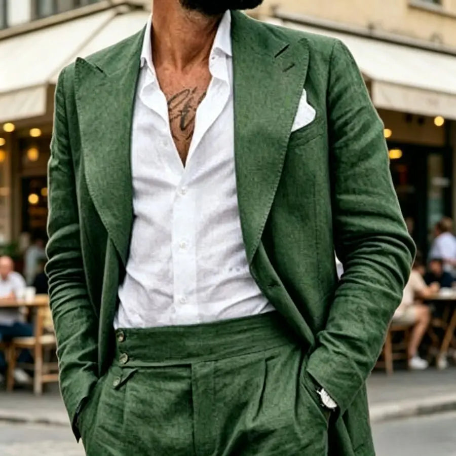 Linen Men Suits with Wide Lapel 2 Piece Prom Wedding Lightweight Summer Beach Groom Outfit Casual Formal Blazer Trousers Set