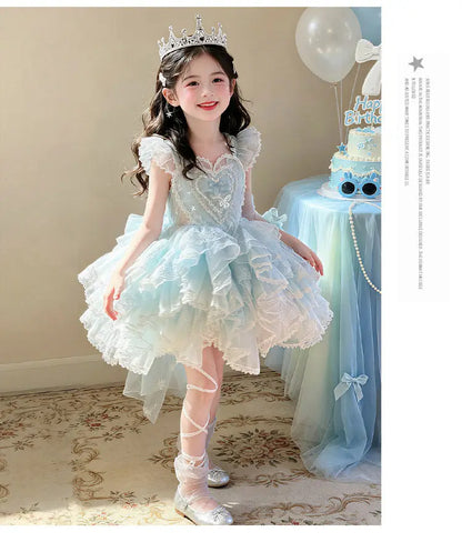 Baby Girls Sweet Sleeveless Lolita Princess Dress New 2026 Summer Childrens Elegant Lace Trim Tulle Bow Train Performance Gown