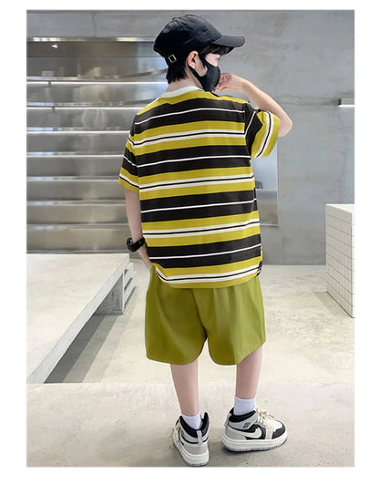 Elegant Children Summer Suit Outfit for Boy Striped Top and Bottom Set Kids Teenagers Cotton T-shirt Shorts 2 Pieces Clothes Set