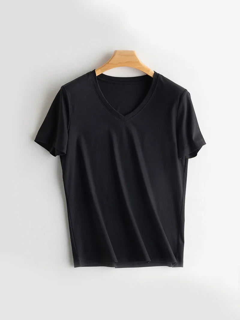 Women Solid T shirts, Silk Cotton Blend, O Neck, Short Sleeved Solid Tee,2025 Summer Candy Colors Basic Cozy Top Green