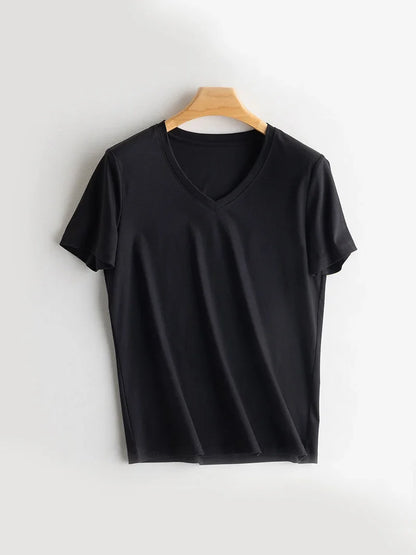 Women Solid T shirts, Silk Cotton Blend, O Neck, Short Sleeved Solid Tee,2025 Summer Candy Colors Basic Cozy Top Green