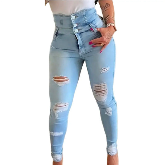 Women's High Waisted Elastic Jeans Vintage Hole Blue Tight Denim Trouser Basic Small Leg Jeans Elastic Tight Pants New
