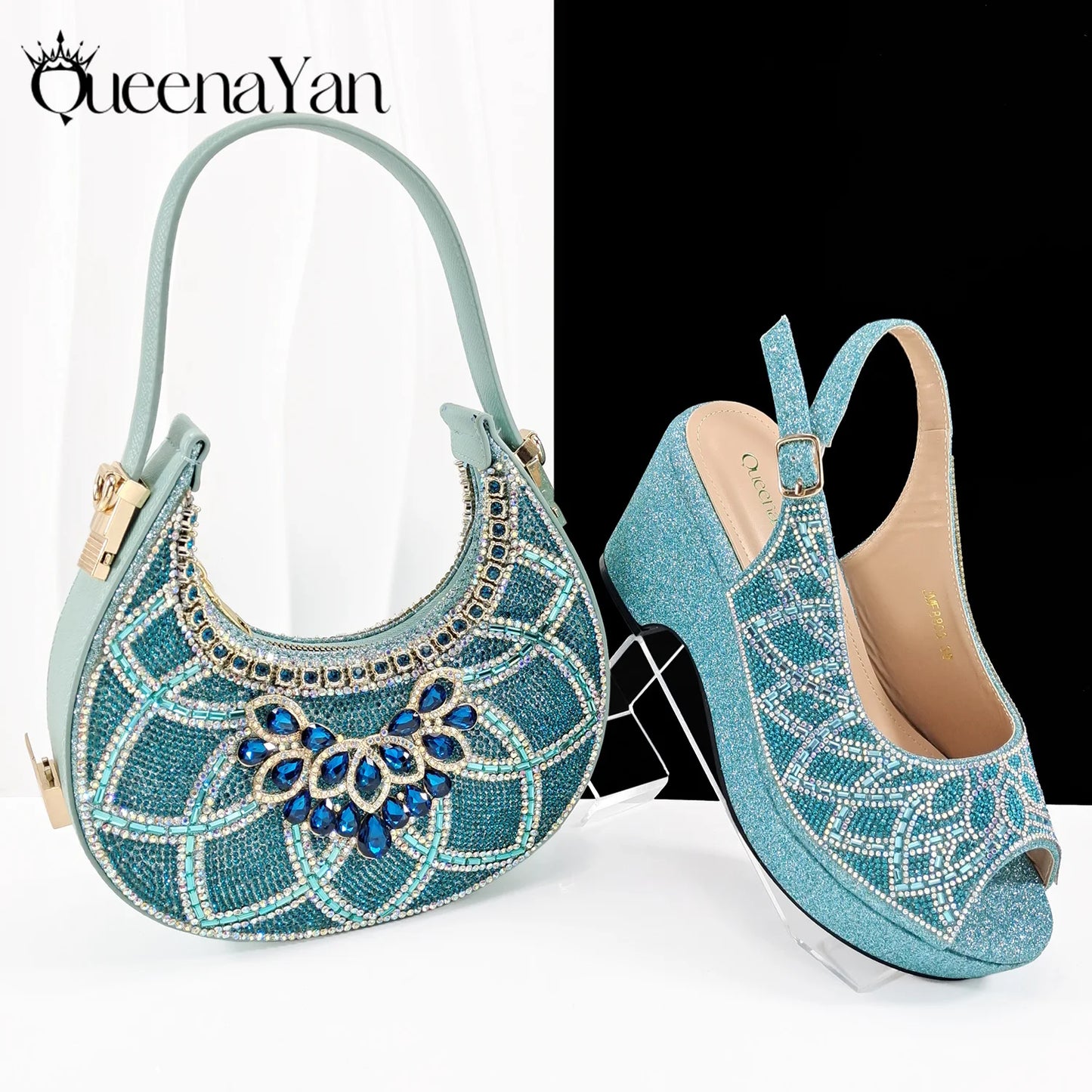 Sky Blue Elegant Nigerian Rhinestone Wedding Shoe and Bag Set Italian Inspired High Heels and Matching Handbag