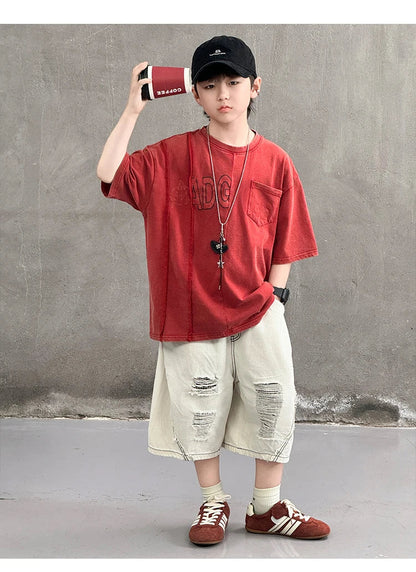 Cool Style Teenager Summer Set T-shirt And Ripped Denim Shorts Clothing Set for Kids Boy Age 7 To 14 Years Children Clothes Suit