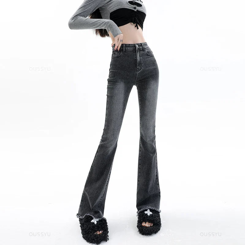 Spring Summer Flared Jeans Women Cotton Vintage Blue Denim Pants Streetwear Elastic High Waist Slim Harajuku Trouser Plus Length