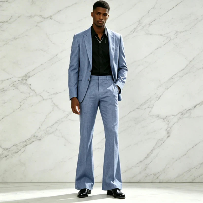 Vintage Men's Linen Suit 2 Piece Notch Lapel 2 Button Blazer Wide Leg Flare Pants Breathable Lightweight Set for Business Casual
