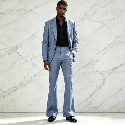 Vintage Men's Linen Suit 2 Piece Notch Lapel 2 Button Blazer Wide Leg Flare Pants Breathable Lightweight Set for Business Casual