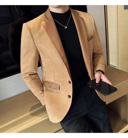 High Quality Deerskin Velvet Splicing Leather Collar Suit Blazers Men Casual Business Slim Coats Mens Social Wedding Clothing