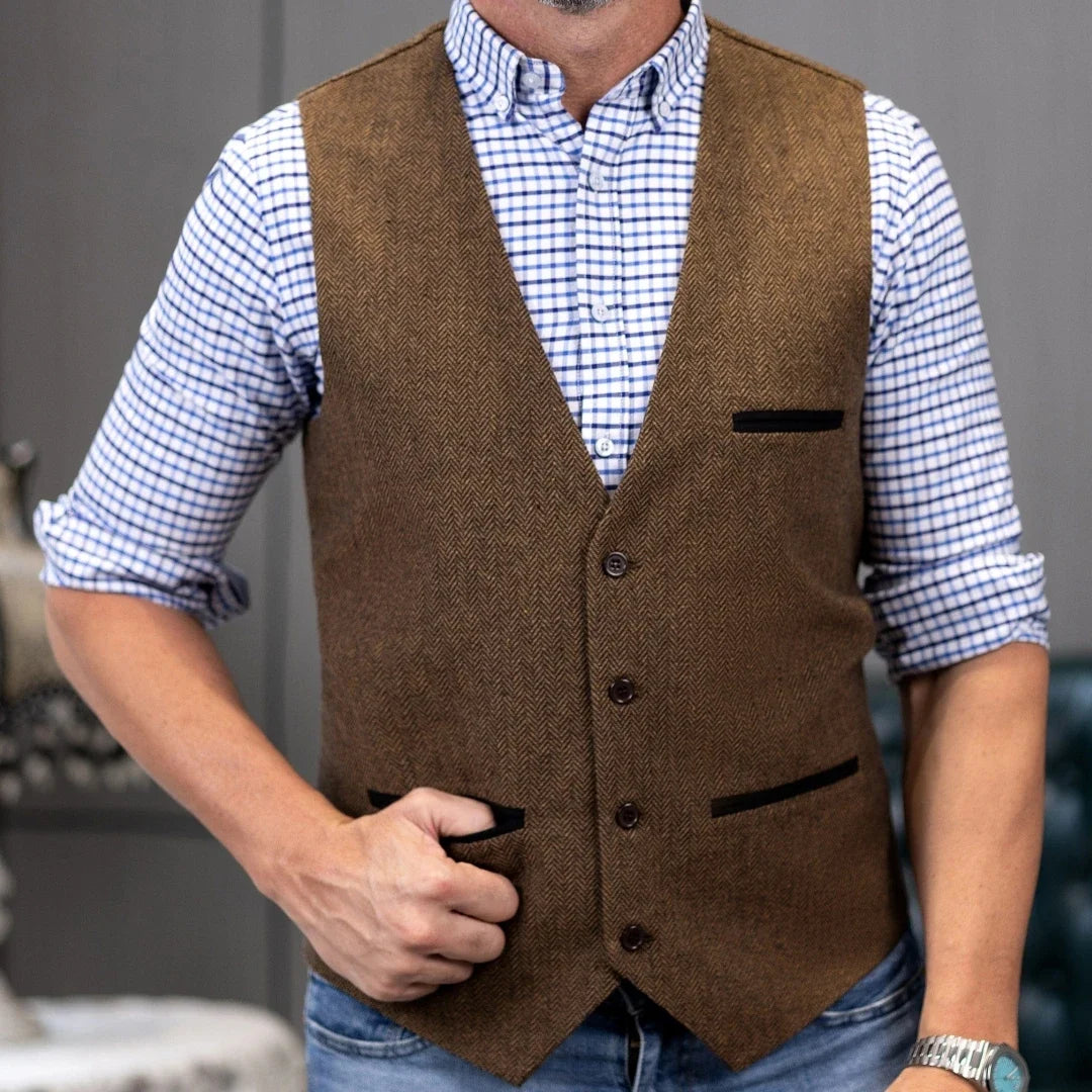 Men Vest Brown V Neck Single ButtonTweed Casual Business Waistcoat For Wedding Party Banquet Prom Work Men Suit Vest