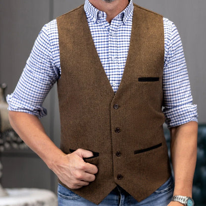 Men Vest Brown V Neck Single ButtonTweed Casual Business Waistcoat For Wedding Party Banquet Prom Work Men Suit Vest