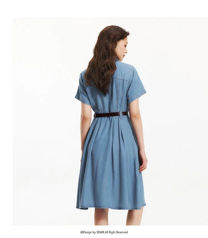 Denim Dress Women Waist Defining Button Down 2025 Summer New Cooling Midi Dress Casual Chic