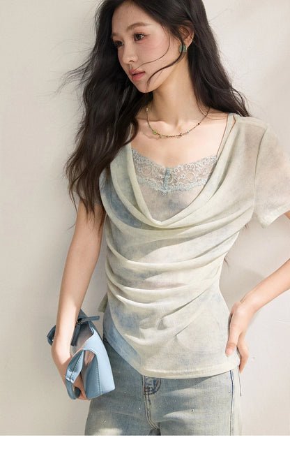 Blue Tie Dye T-Shirt For Women 2026 Summer New Swing Collar Lace Pleated Slimming Breathable French Style Top MXF22T1617