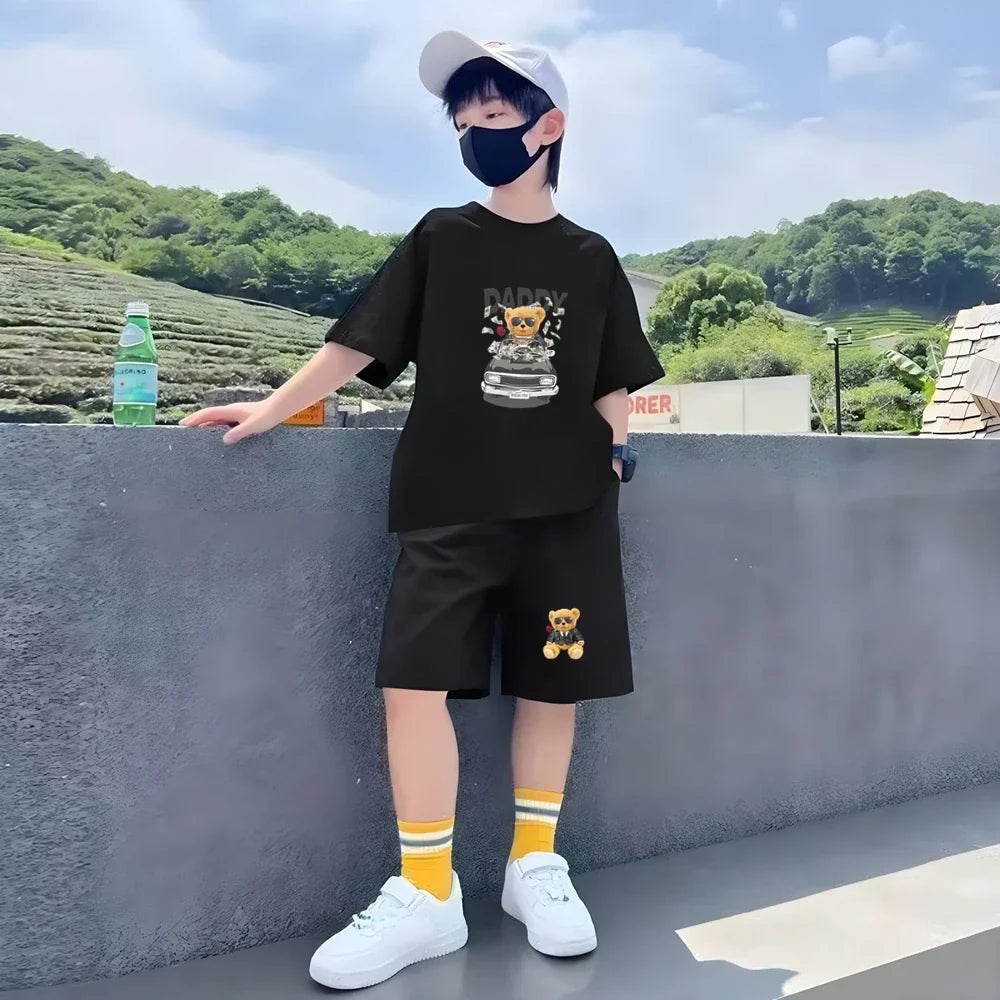 Children Short-sleeved T-shirt+Shorts black Boys Girls Toddler 3-12Yrs Sports Set Summe cool Tshirt Wealthy Bear Clothing
