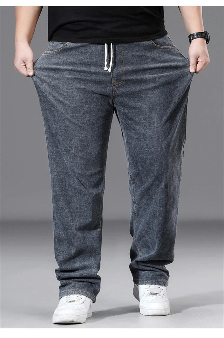 8XL Plus Size Jeans Men Solid Color Denim Pants Male Fashion Casual Baggy Jeans Elastic Waist Straight Pants