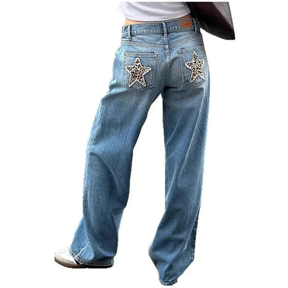 European and American Leopard Print Star Patch Jeans Street Women's High Waist Jeans Fashion Clothing Vintage Straight Trousers