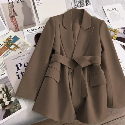 Elegant Blazer Woman Spring New Solid Color Tie Suit Jacket Temperament Korean Version of The Casual Trend Suit Woman Clothing