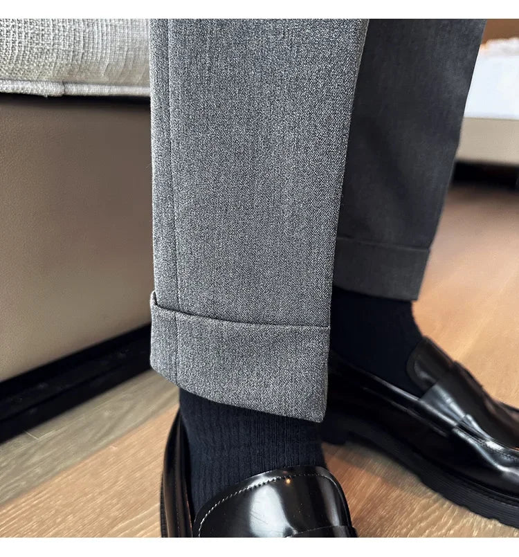 Autumn Winter High Waist Business Dress Pants Men Casual Belt Design Slim Suit Pants Formal Wedding Social Party Male Trousers